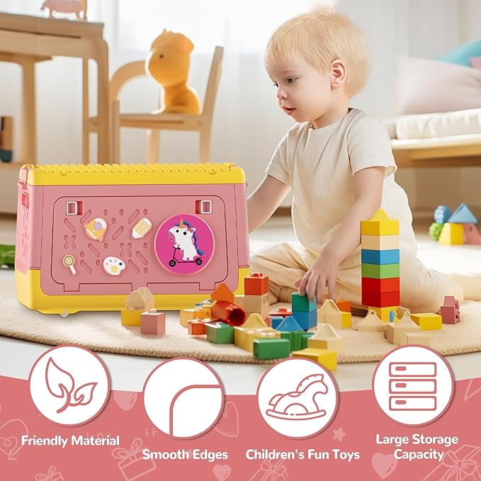 Toy Box Chest with Lid, Unicorn Collapsible Storage Organizer for Kids Boys Girls, Plastic Stackable Toddler Toy Bins with Building Block Lid (Pink)