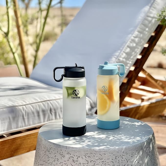 Takeya 22 oz Glass Water Bottle, Shatter Resistant, Premium Quality, Sure-Grip with Straw Lid, Sage