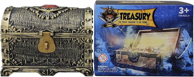 Kids Pirate Treasure Chest Storage Box,Red Rhinestone Inlaid Top Decorative Pirate Chest with Lock and Key for Kids Birthday,Halloween, Christmas Pirate Party Favors