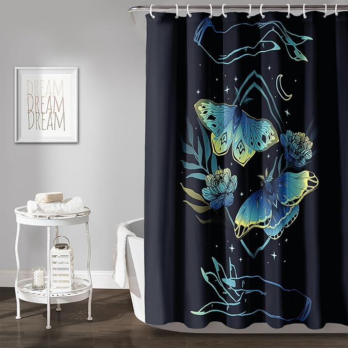 AILONEN Blue Moth Shower Curtain,Flora Death Moth Bath Curtain for Bathroom Decor,Polyester Waterproof with 12 Plastic Hooks 60" W*72" H