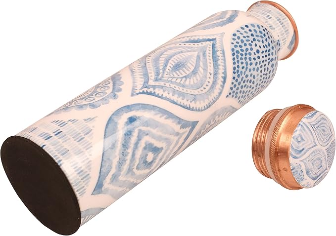 Pure Copper Water Bottle - Handcrafted - Ayurveda health benefits - Large 35 oz - Leak proof - Easy to carry for Sports, Fitness, Yoga, School - Sky Blue Artistic Patterns Enamel