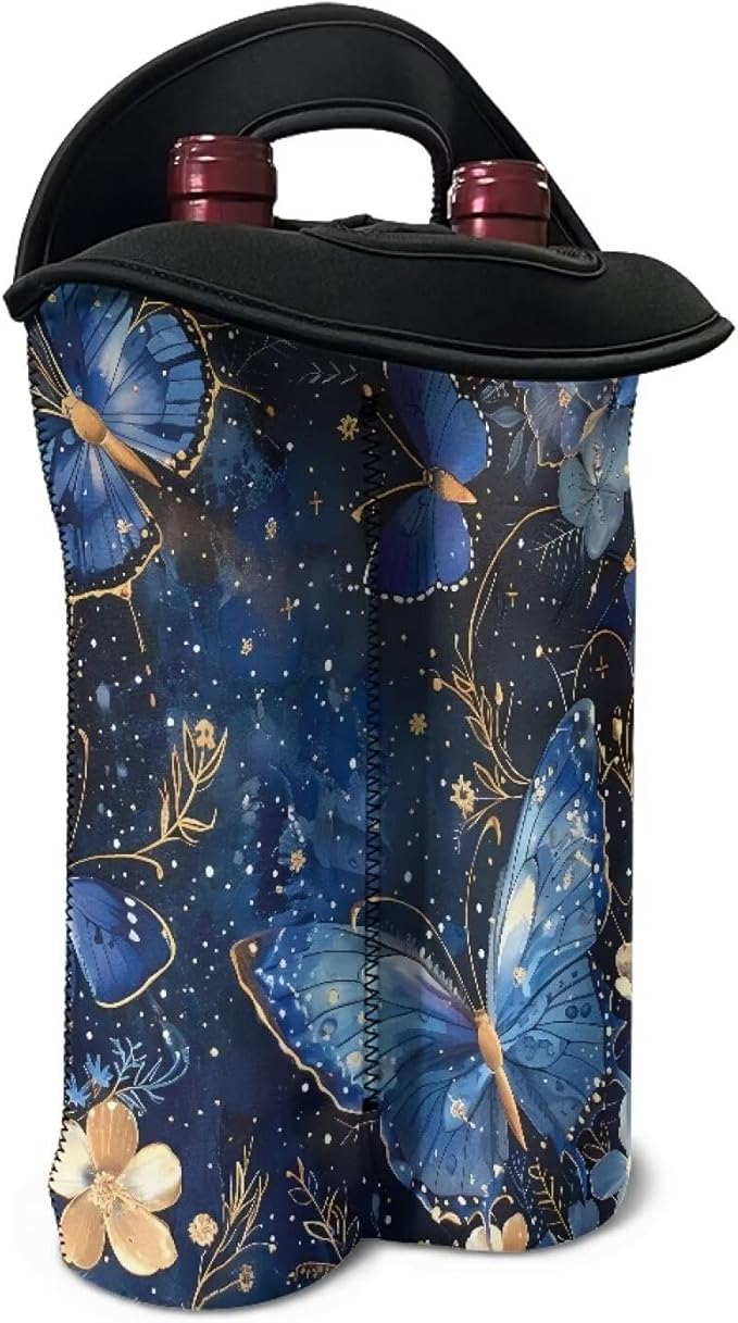 doginthehole Neoprene Wine Tote 2 Bottle Aesthetic Blue Butterfly Floral Wine Carrier Bag with Carry Handle for Travel, Portable Wine/Champagne/Beer/Water Bottle Carrier Bag