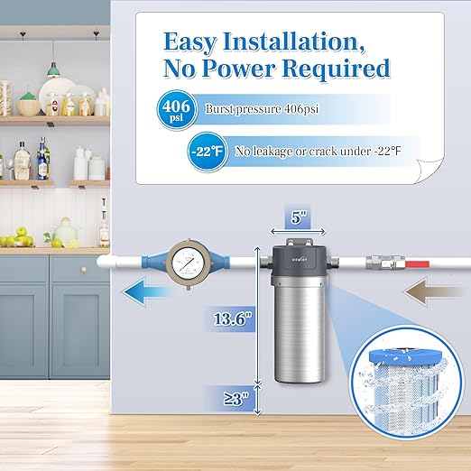 Stainless Steel Whole House Water Filter System, Fits Both 1”and 3/4” Inlet/Outlet – Reduce Sediment, Rust and Grit, Improve Tap Water Taste, Protect Appliances (1 Filter Included)