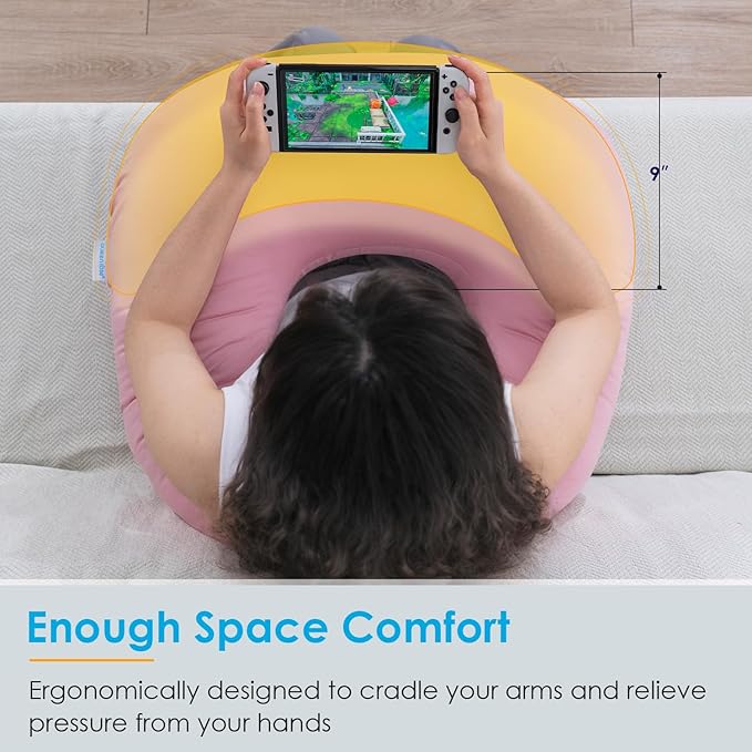 QUEEN ROSE Reading Pillow for Gaming, Lap Desk Pillow for Sitting in Bed or Sofa, Compact Arm Support Pillow for Reading, Playing or Crocheting, Cooling Pink