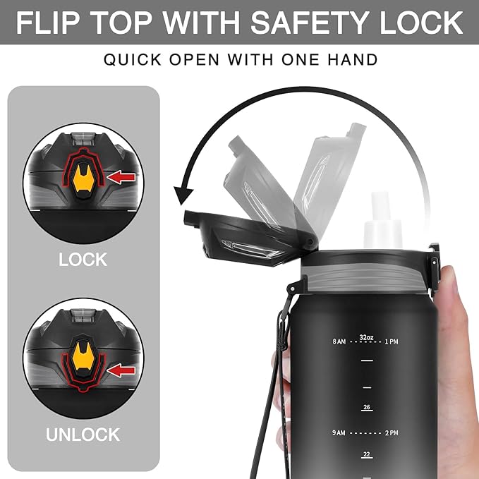 PHIXTON 32 OZ Water Bottle With Removable Straw Time Maker, 1L BPA Free Thick Tritan Plastic Leak Proof Waterbottle tracker, Motivational Measured Sports Flip Top Jugs 32oz For Drinking