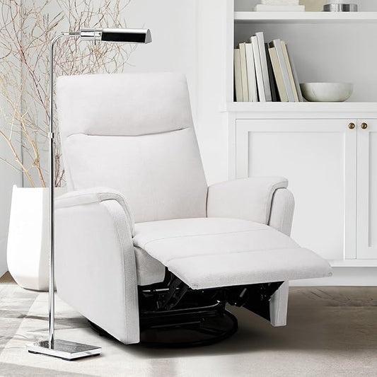 Swivel Rocking Recliner Glider Chair, Upholstered Fabric Reclining Rocker Chair with Footrest for Living Room, Nursery, Office, Bedroom, Ergonomic High Backrest, Wide Seat Cushion and Metal Base-White