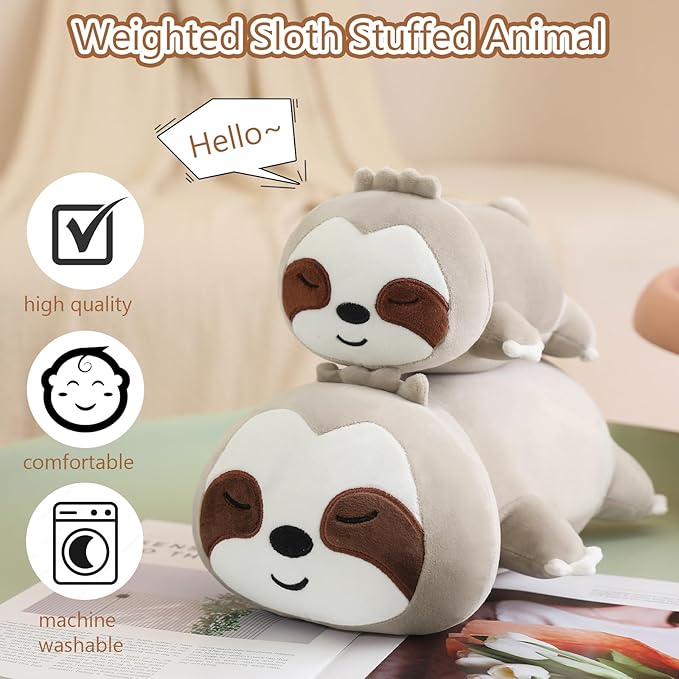 SQEQE Weighted Sloth Plush, Weighted Sloth Stuffed Animal for Anxiety, Cute Sloth Plushies Sloth Pillow Toy Gift for Kids Adults Brown 23.6 Inch, 3.1 lbs