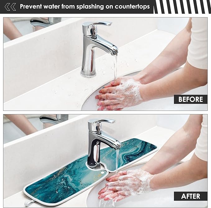 Blue Marble Golden Glittery Faucet Water Catcher Mat 2 Pack Tie Dye Drying Mat Absorbent Bathroom Faucet Handle Drip Catcher Tray Bar RV Kitchen Sink Splash Guard 30x5 Inches