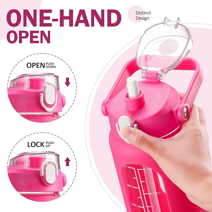 kytffu 42oz Glass Water Bottles with Straw, Motivational Glass Bottle with Silicone Sleeve and Time Marker, Leakproof Large Glass Water Jug for Gym Home Office,Rose red