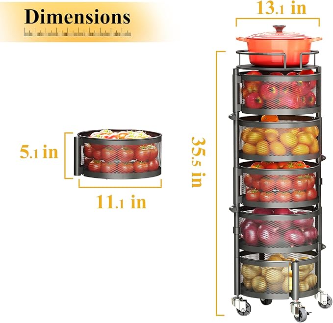 Fruit and Vegetable Basket Bowls for Kitchen with Metal Top Lid, SNTD 5 Tier Rotating Storage Rack Cart for Potato Onion Bread Banana, Wire Basket Organizer on Wheels, Large, Black