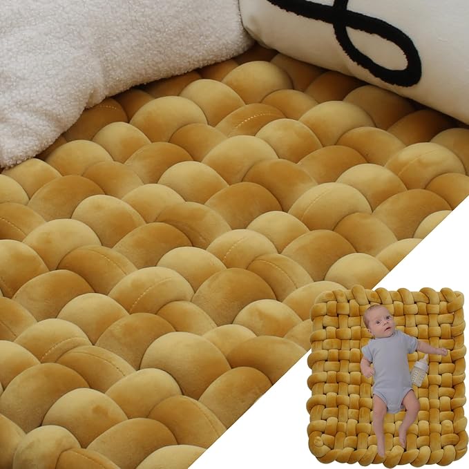 XHJRI Thickened Braided Knot Seat Mat, Knotted Floor Decorative Cushion, Handmade Baby Infant Playing Pad Nursery Rug (27.5 * 31.5 Inch,Yellow Brown)