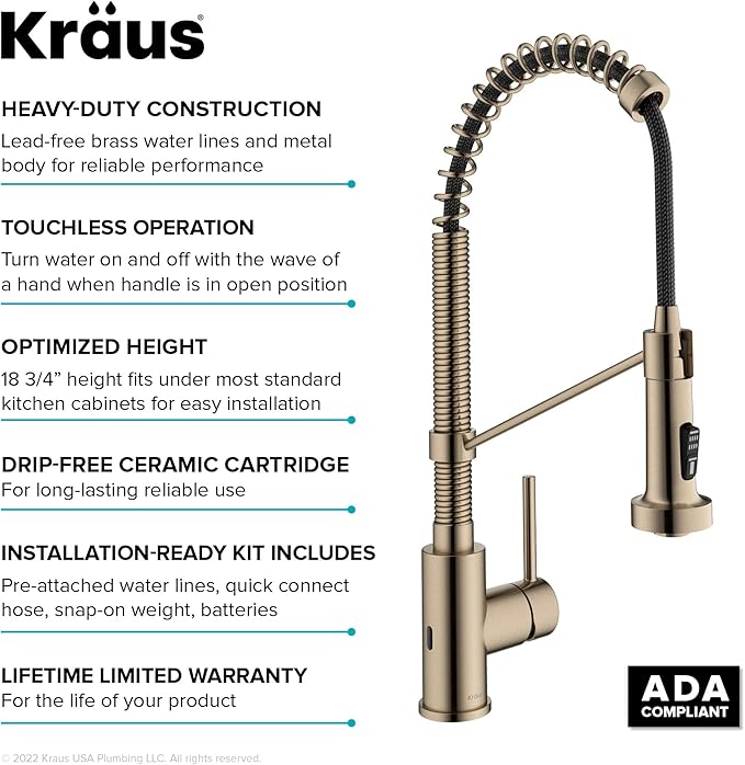 KRAUS Bolden Touchless Sensor Commercial Pull-Down Single Handle 18-Inch Kitchen Faucet in Spot Free Antique Champagne Bronze, KSF-1610SFACB