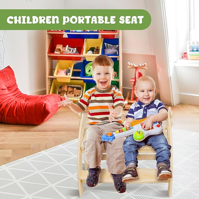 Foldable Step Stool for 2 Toddlers/Twins, Kids Stool with 22.7-Inch Wide Step, Safety Handles, Anti-Slip Strips, Toddler Step Stool for Bathroom Sink, Toilet, Kitchen Wooden 2 Step Stool