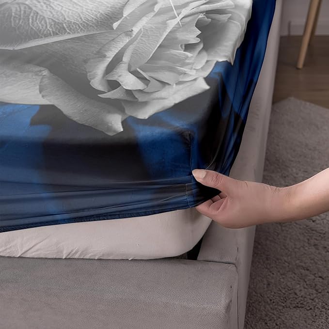 AILONEN Leopard Fitted Sheet Set Queen Size, Roaring Cheetah Print Bed Sheet Set,Blue Rose Bedding Grey Leopard Sheet Set,Wildlife Bed Sheet Set Animal Themed Fitted Sheet and 2 Pillowcases,3 Pieces