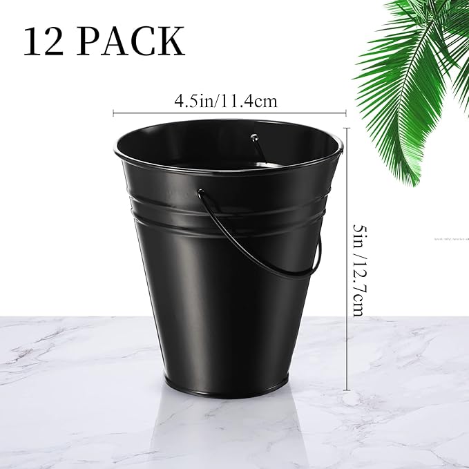 Sadnyy 12 Pack Metal Buckets with Handle, Galvanized Bucket 4.5 x 5 Inch Basket Bucket for Kids, Kids Party Supplies, Crafts for Christmas Halloween Christmas Candy Bars Vase Crafts(Black)