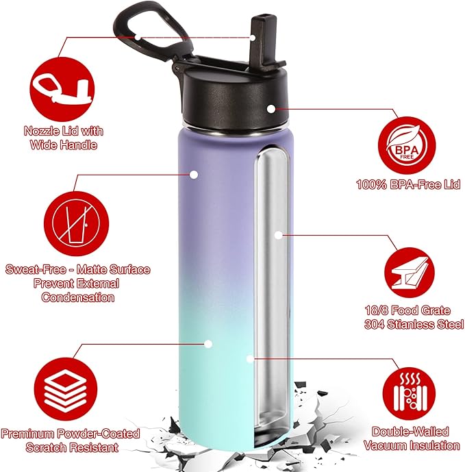 Volhoply 24 Ounce Insulated Water Bottle With Straw Lid,Stainless Steel Wide Mouth Sport Bottles With Handle,Double Wall Vacuum Thermos keep Cold,Reusable Travel Thermal Cups For Holder(Purple Blue,1)
