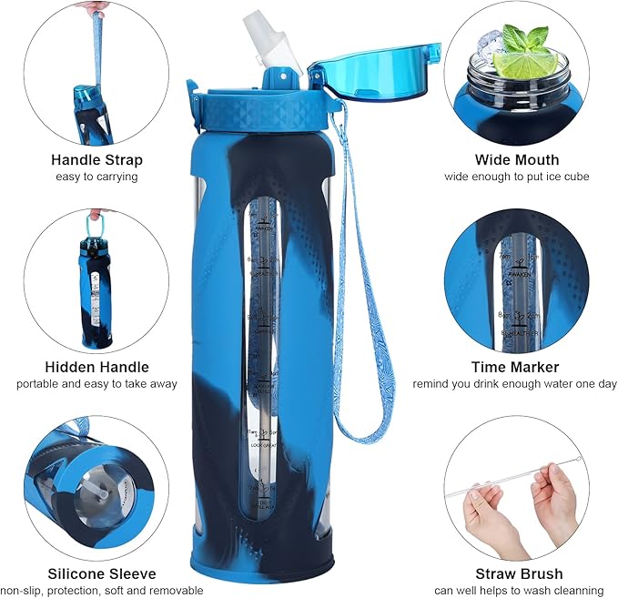 GOPPUS Glass Water Bottles with Straw and Flip Lid, Motivational Water Bottles with Time Marker Reminder and Silicone Sleeve, Leakproof, BPA Free (32 oz, Blue Mixed)
