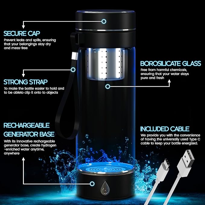 Hydrogen Water Bottle, Hydrogen Water Bottle Generator with Removable Strap and Infuser, 3 Minute Rapid Electrolysis, Portable for Daily Use - Black