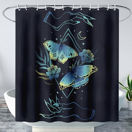 AILONEN Blue Moth Shower Curtain,Flora Death Moth Bath Curtain for Bathroom Decor,Polyester Waterproof with Plastic Hooks 36" W*72" H