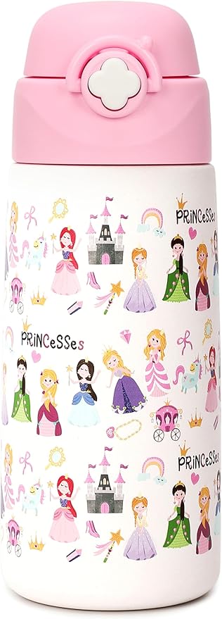 Kids Insulated Water Bottle with Covered Pop-Up Straw,16oz Kids Cups with Stainless Steel Leak Proof for School Boys Girls（2-Princess）