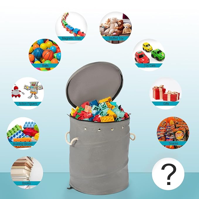 Toy Storage Basket and Play Mat for Kids - Foldable Toy Storage Organizer Bins with Lids - Kids Toy Box Chest for Building Blocks, Boys, Girls, Nursery, Playroom, 12.6''x12.6''x15.5''(Grey)