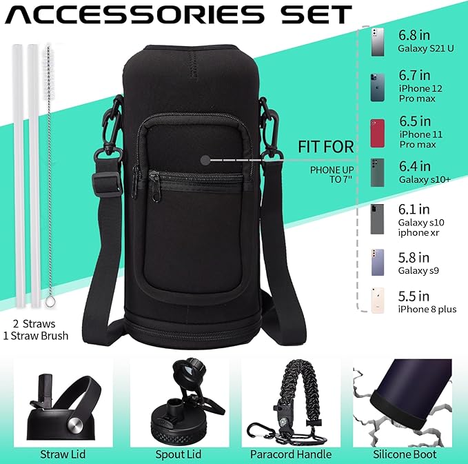 2/3 Gallon Water-Bottle with Straw & Spout Lids - 87oz Insulated Water Bottle Cold-48h Hot-24h, Men Women Stainless Steel Water Jug Travel Mug w/ Strap Carrier Bag, Paracord Handle, Protective Boot