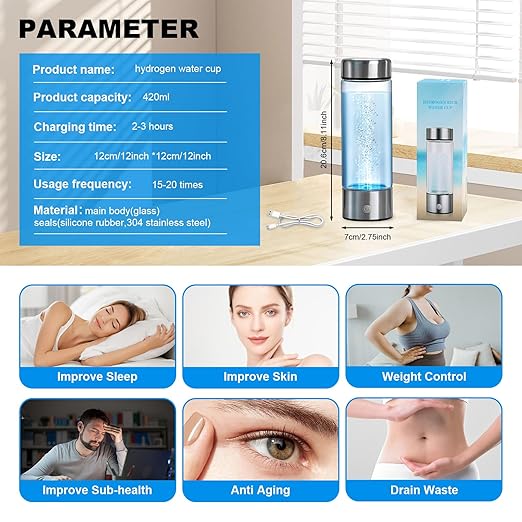 Hydrogen Water Bottle Water Bottle Generator for Health & Fitness - 3Min Electrolysis, Rechargeable, Portable Gift for Love, Filtered, Suitable for Travel & Exercise