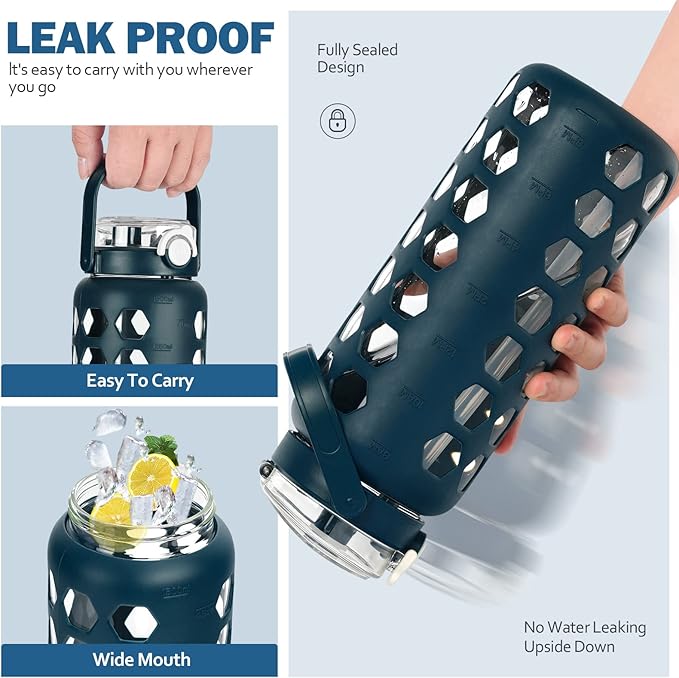 MUKOKO 56oz Glass Water Bottles with Straw and Lid,Motivational Water Jug with Time Marker Reminder and Silicone Sleeve,100% Leakproof BPA Free Fitness Sports Large Bottle-Blue