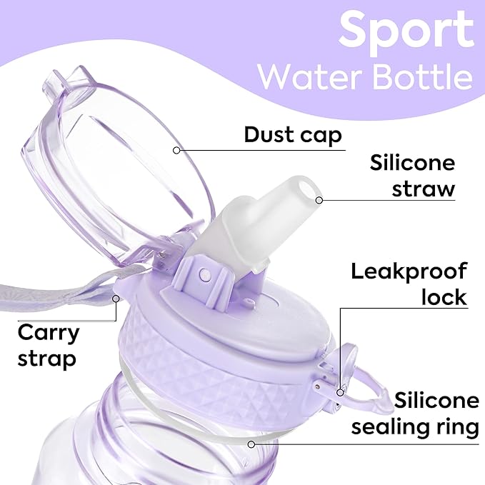 OLDLEY Kids Water Bottle with Straw 15 oz BPA-Free Leak-Proof Motivational Water Bottles with Time Marker for School Sports Travel Gym, Easy to Use for Girls Goys, 1 Straw Lid, Transparent-purple