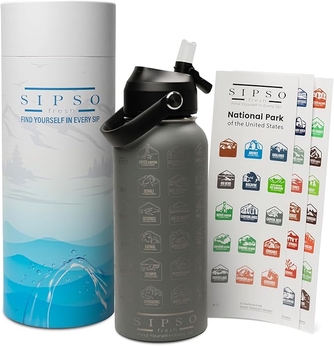 National Parks water bottle with Stickers: Unique 32 oz bottle | Double wall Stainless Steel water bottle | Leak Proof- laser Engraved water Bottle with National Park stickers (Gray)