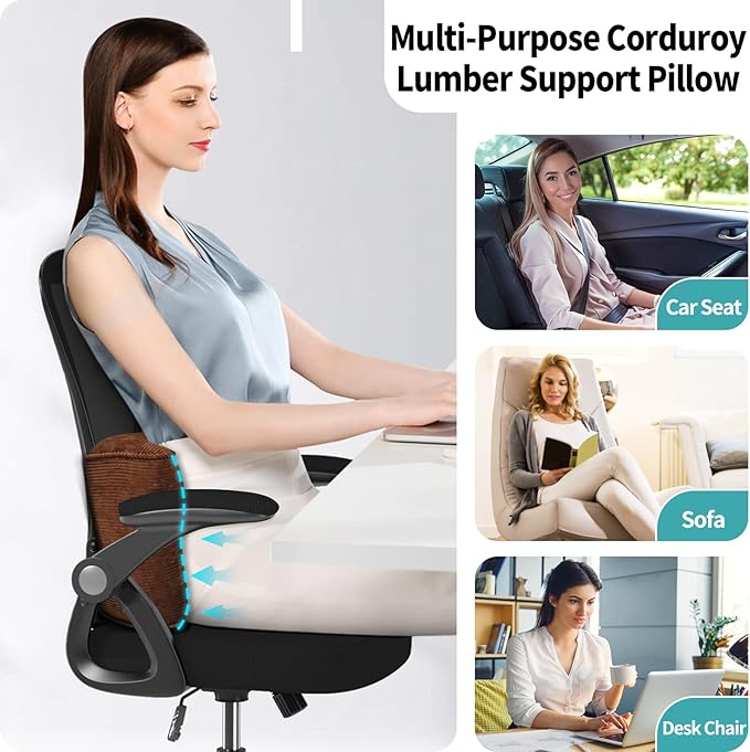 Lumbar Support Pillow for Office Chairs, Back Support Pillow for Lower Back Pain Relief, Soft & Good Support Corduroy Desk Lumbar Cushion, 17.5"x10"x5.5", Medium (Brown)