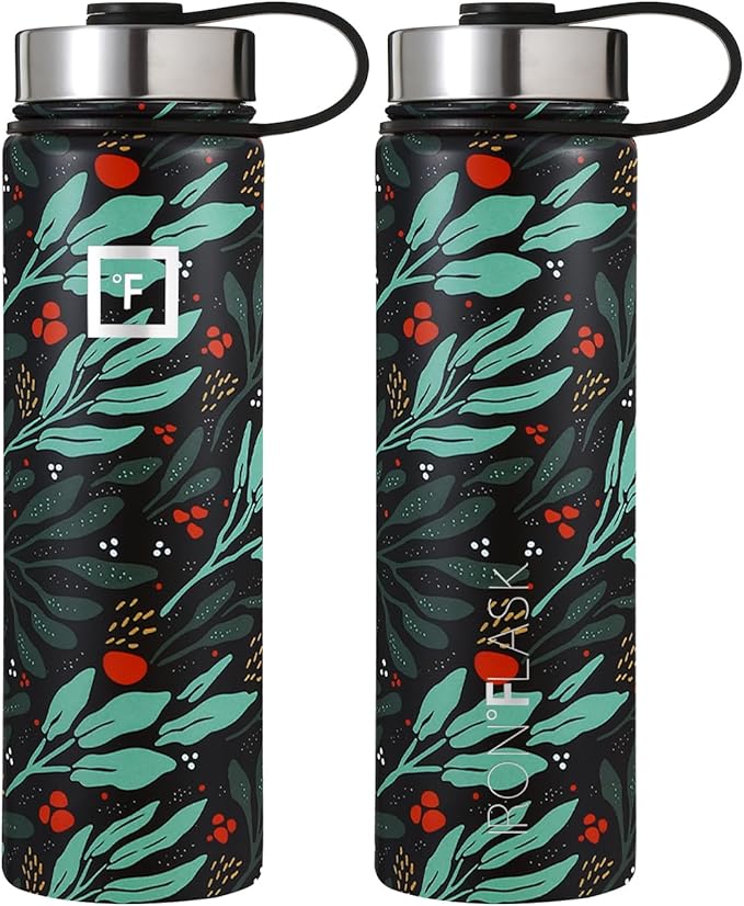 IRON °FLASK Sports Water Bottle - Wide Mouth with 3 Straw Lids - Stainless Steel Gym & Outdoor Bottles for Men, Women & Kids - Double Walled, Insulated Thermos, Metal Canteen - Lush Leaf, 22 Oz
