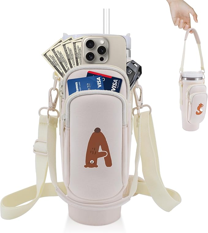 Water Bottle Carrier Bag with Phone Pocket for Stanley 40 oz Tumbler Neoprene Water Bottle Holder Pouch with Adjustable Strap Bollus with Straw Cover & Carabiner for Stanley Cup Accessories