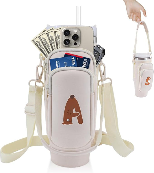 Water Bottle Carrier Bag with Phone Pocket for Stanley 40 oz Tumbler Neoprene Water Bottle Holder Pouch with Adjustable Strap Bollus with Straw Cover & Carabiner for Stanley Cup Accessories