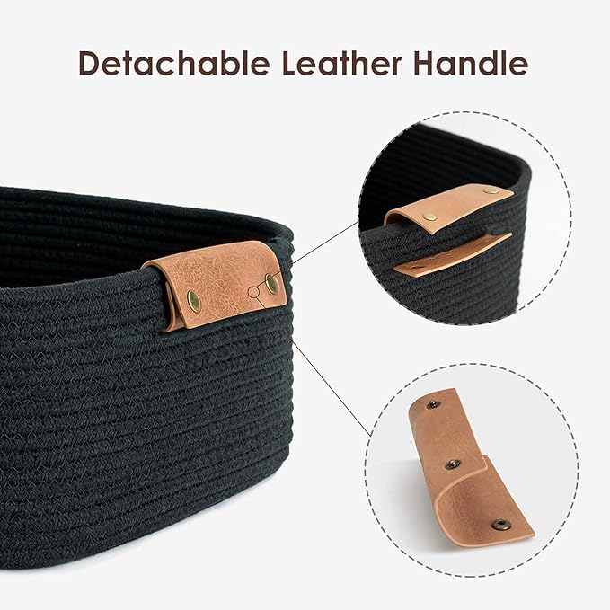CHICVITA Rectangle Cotton Rope Woven Basket with Handles for Books, Magazines, Toys - Decorative Rectangle Basket for Baby Nursery, Living Room, Bathroom, Black