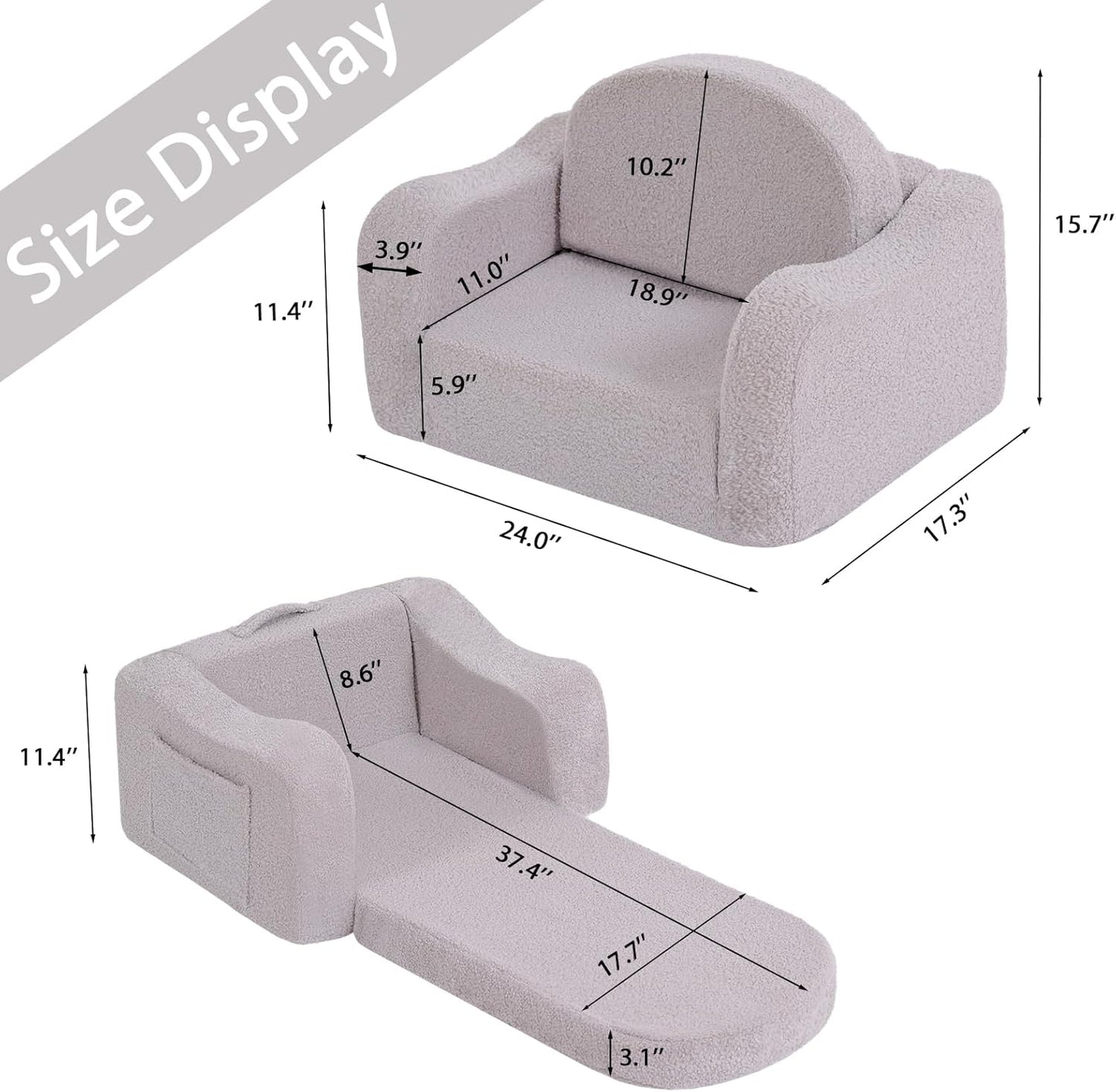 Welnow 2-in-1 Kids Sofa Chair, Convertible Toddler Chair Flip Out Children Sofa Chair with Wave Armrests Folding Kids Play Sofa with Side Pockets & Removable Cover Armchair for Girl or Boy