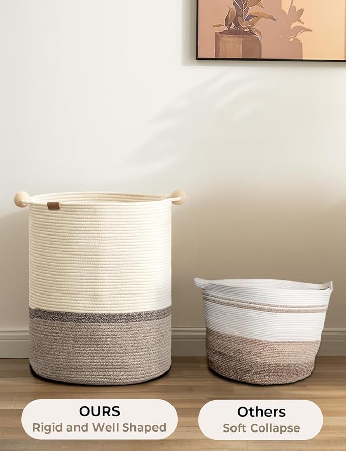 StorageWorks 72L Cotton Rope Laundry Basket with Wooden Beads Handles, Woven Basket for Storage, Dirty Clothes, Kids Toys, Towels, White & Light Brown