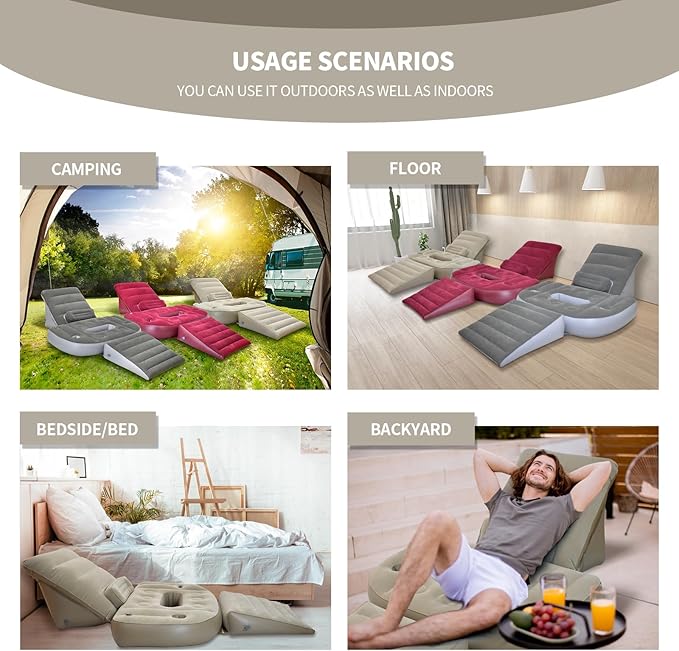 Nevife Inflatable 3pcs Bed Wedge Pillow Set with Hole-Reading Pillow&Back Support,Leg Pain Relief,Adjustable Pillows for Acid Reflux,GERD,Sleeping,Leg,Back Support-Restful Sleep and Travel (Brown)