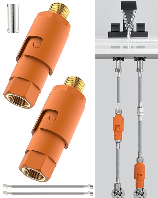 G3/8 (9/16") Sediment Water Filter with 12" Hoses - 35 Micron Reusable House Under Sink Inline Water Filter Conncet Angle Valve, Compression Fitting for Sink Faucet Bathroom Kitchen (2 Pack)