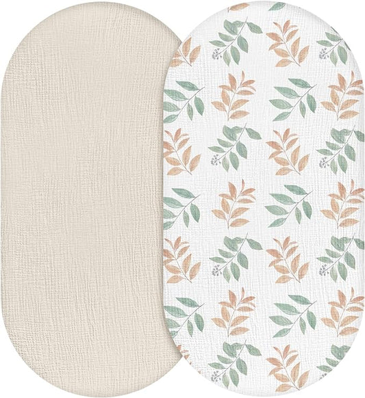 Muslin Bassinet Fitted Sheets, 2 Pack for Baby Boy and Girl, Soft Breathable Baby Pad/Mattress Sheet, Fit for Hourglass Oval and Rectangle Bassinet Mattress (Bright Leaves, Bassinet Sheets 2 Pack)
