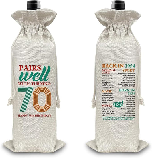 70th Birthday Gifts Wine Bag Congratulations Gifts for Women Men Parents Mom Dad Anniversary 1954 with Time Information Wine Gift Bag