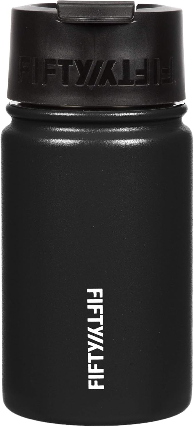 FIFTY/FIFTY 12oz, Double Wall Vacuum Insulated Café Water Bottle, Stainless Steel, Flip Cap w/ Wide Mouth, Matte Black, 12oz/354ml