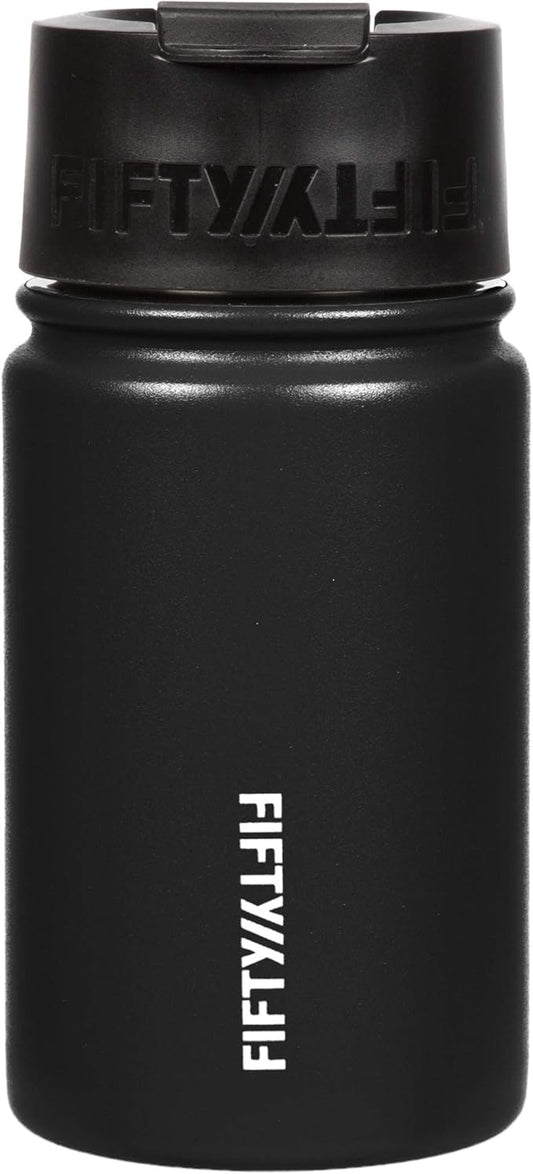 FIFTY/FIFTY 12oz, Double Wall Vacuum Insulated Café Water Bottle, Stainless Steel, Flip Cap w/ Wide Mouth, Matte Black, 12oz/354ml