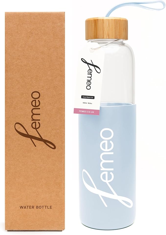 Femeo® Glass Water Bottle for Women | Eco, Yoga & Gym Friendly, 18oz | 100% Leakproof, BPA-Free, Dishwasher Safe, Borosilicate Drinking Glass Bamboo Sports Cap Ice Blue