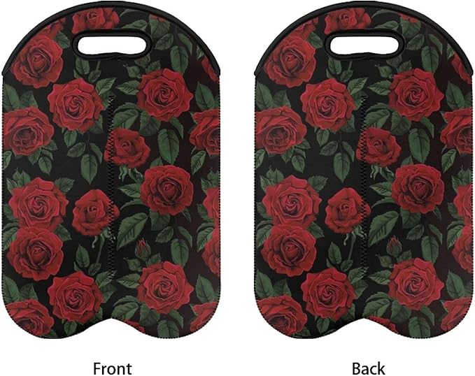 doginthehole 2 Bottles Red Rose Wine Bag Sleeve Neoprene Protective Wine Carrier Bag for Wine,Water, Champagne, Beer Insulated Wine Tote Water Bottle Holder for Travel with Carry Handle