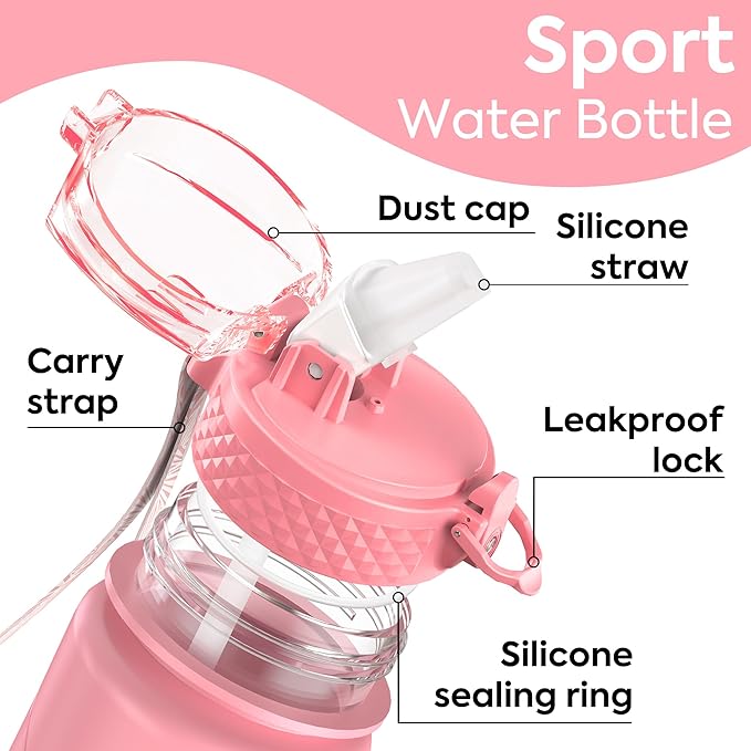 OLDLEY Kids Water Bottle with Straw 15 oz BPA-Free Leak-Proof Motivational Water Bottles with Time Marker for School Sports Travel Gym, Easy to Use for Girls Goys, 1 Straw Lid, Pink Purple