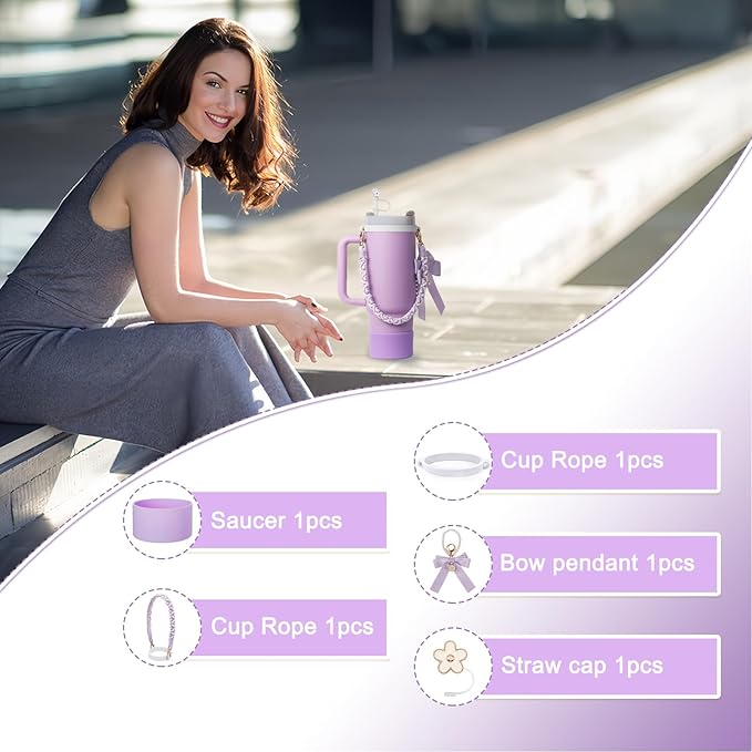 Stanley Cup Accessories Set- Water Bottle Handle Strap, Stanley Cup Protective Silicone Boot, Bow Design Stanley Charms for Stanley Cup 40oz /30 oz Tumbler Purple Stanley Cup Accessories