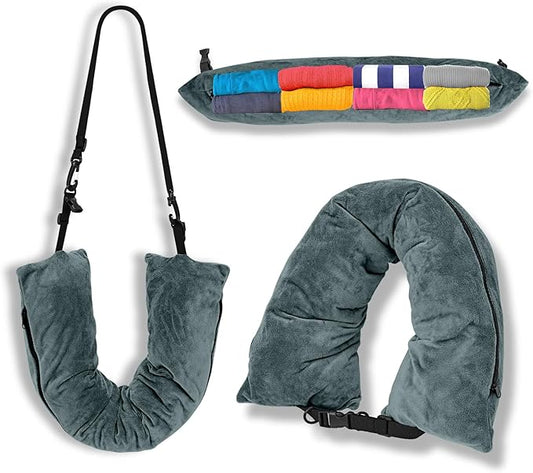 Travel Neck Pillow Stuffable with Clothes,Stuffable Neck Pillow for Traveling,Fillable Travel Neck Pillow Extra Storage Bag,Soft Velvet Neck Pillow Case Cover,Packable for Airplane Travel Essentials