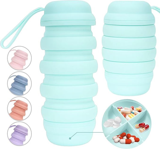 Collapsible Water Bottle, 16 oz. Reusable Water Bottle, Travel Water Bottle, Pill Storage, On the Go, Outdoors, Silicone Water Bottle, BPA Free, Vitamin Storage. (Cyan)
