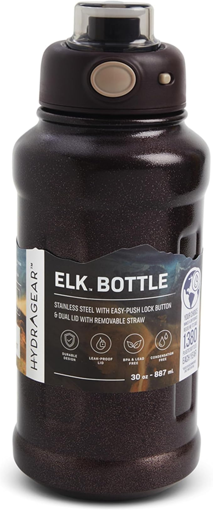 Elk Stainless Steel Bottle with Easy-Push Lock Button and Dual Lid with Removable Straw - 30 Oz - Rustic Raisin Bread